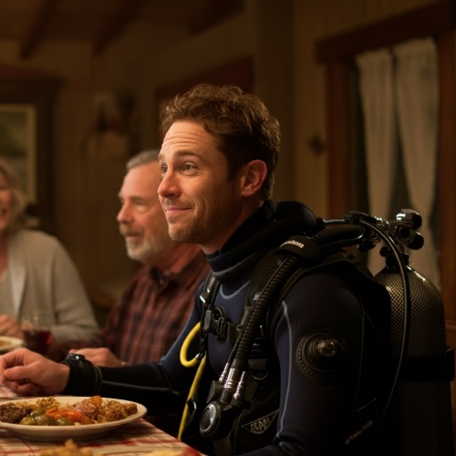 A man sitting down for thanksgiving dinner fully dressed in scuba gear