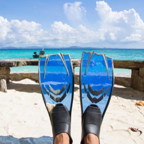 Person wearing transparent fins on the beach