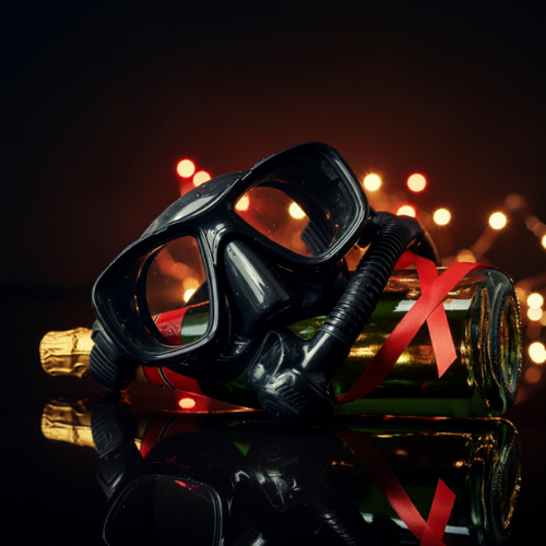A dive mask naturally laid over a champagne bottle on New Years Eve.
