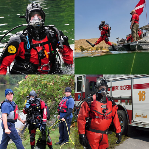 Four images of public safety divers in action