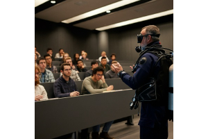 A professor in full scuba gear teaching in a college lecture hall