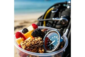 Granola and berries in a plastic cup placed in front of scuba gear