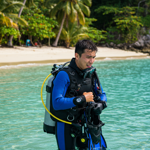 A diver looking a bit aprehensive about entering the water