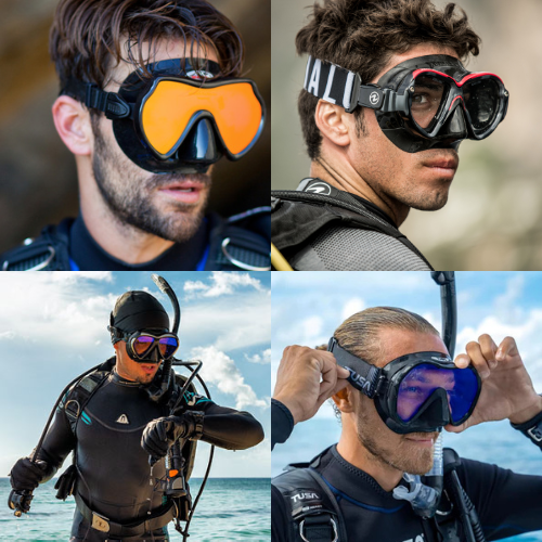 A set of four dive masks being worn by men
