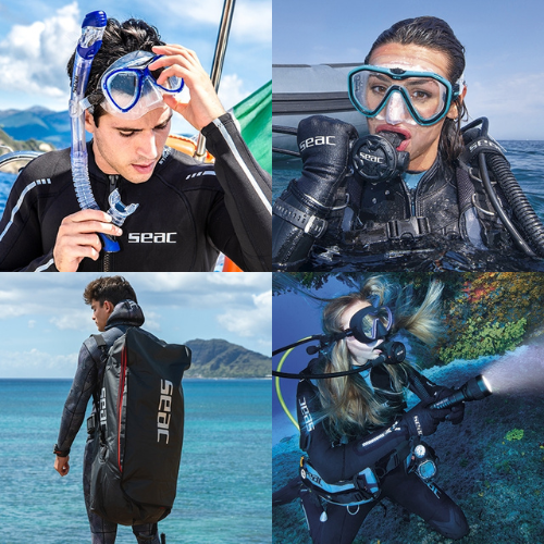 Four images of divers wearing SEAC gear