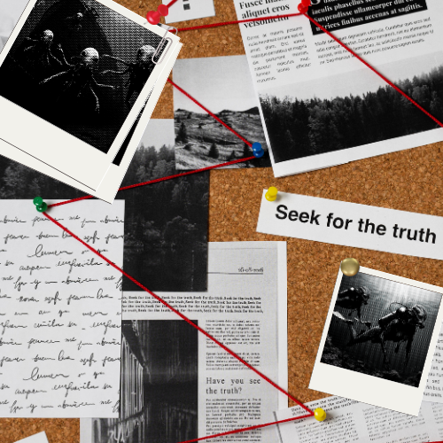 A conspiracy bulletin board with pictures of aliens on it