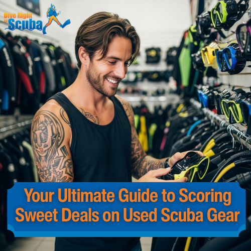 A man shopping for used scuba gear in a dive shop