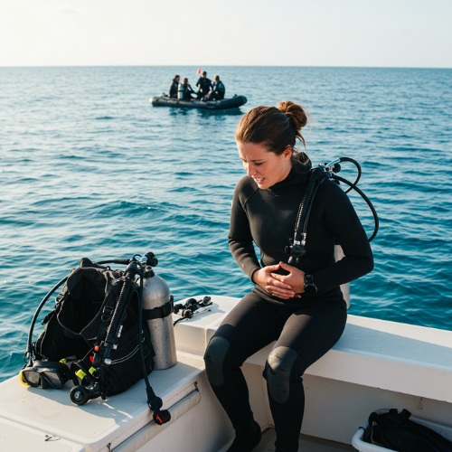A diver with a stomach ache sitting on a boat