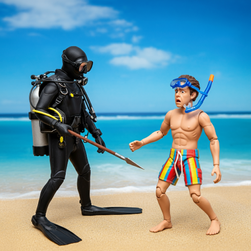 Action figure versions of a diver and snorkeler fighting on a beach