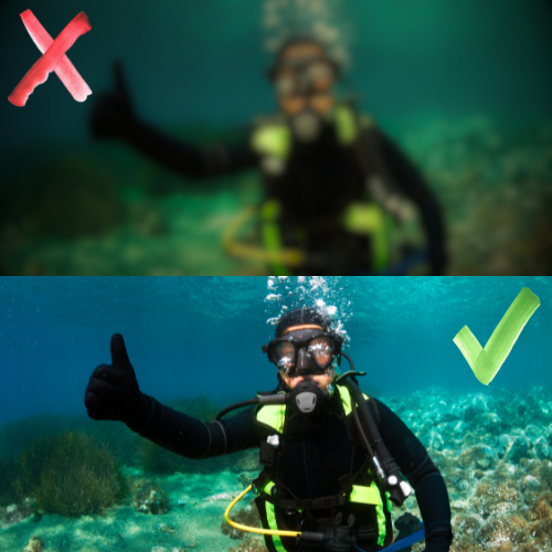 a before and after picture of a blurry diver and a clear diver