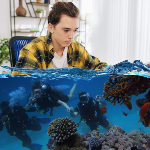 A two shot of a young male at home and above a photo of people scuba diving