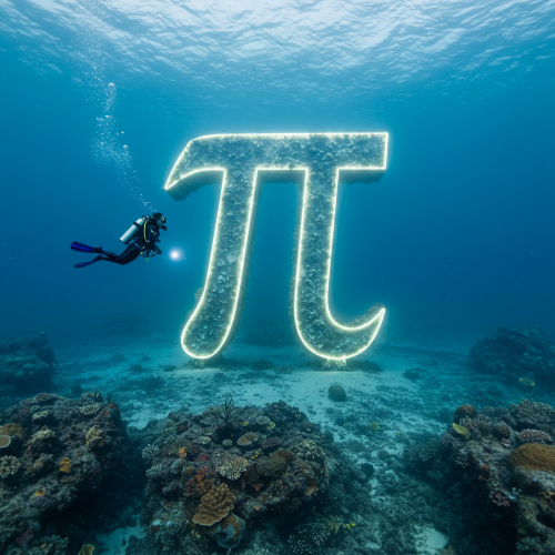 The pi symbol underwater with a scuba diver nearby