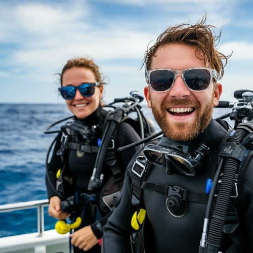 Two divers smiling on a boat
