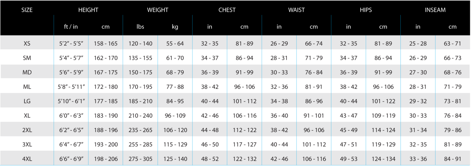 Merino Men's Long Sleeve Size Chart