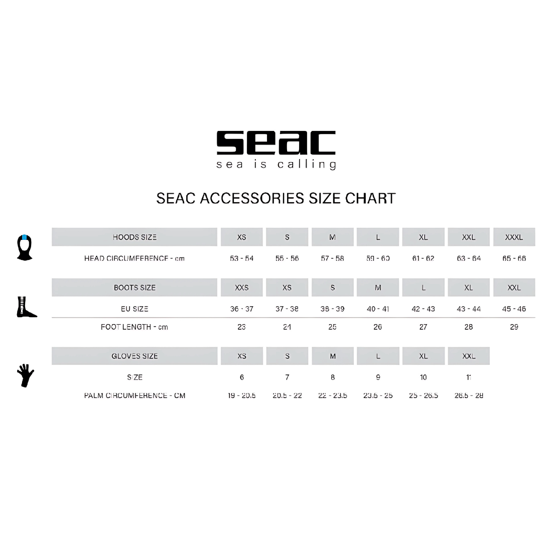 Dry Seal 3mm Gloves Size Chart