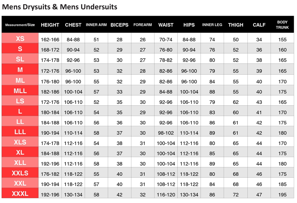 BZ420x Men's Heated Undergarment Size Chart