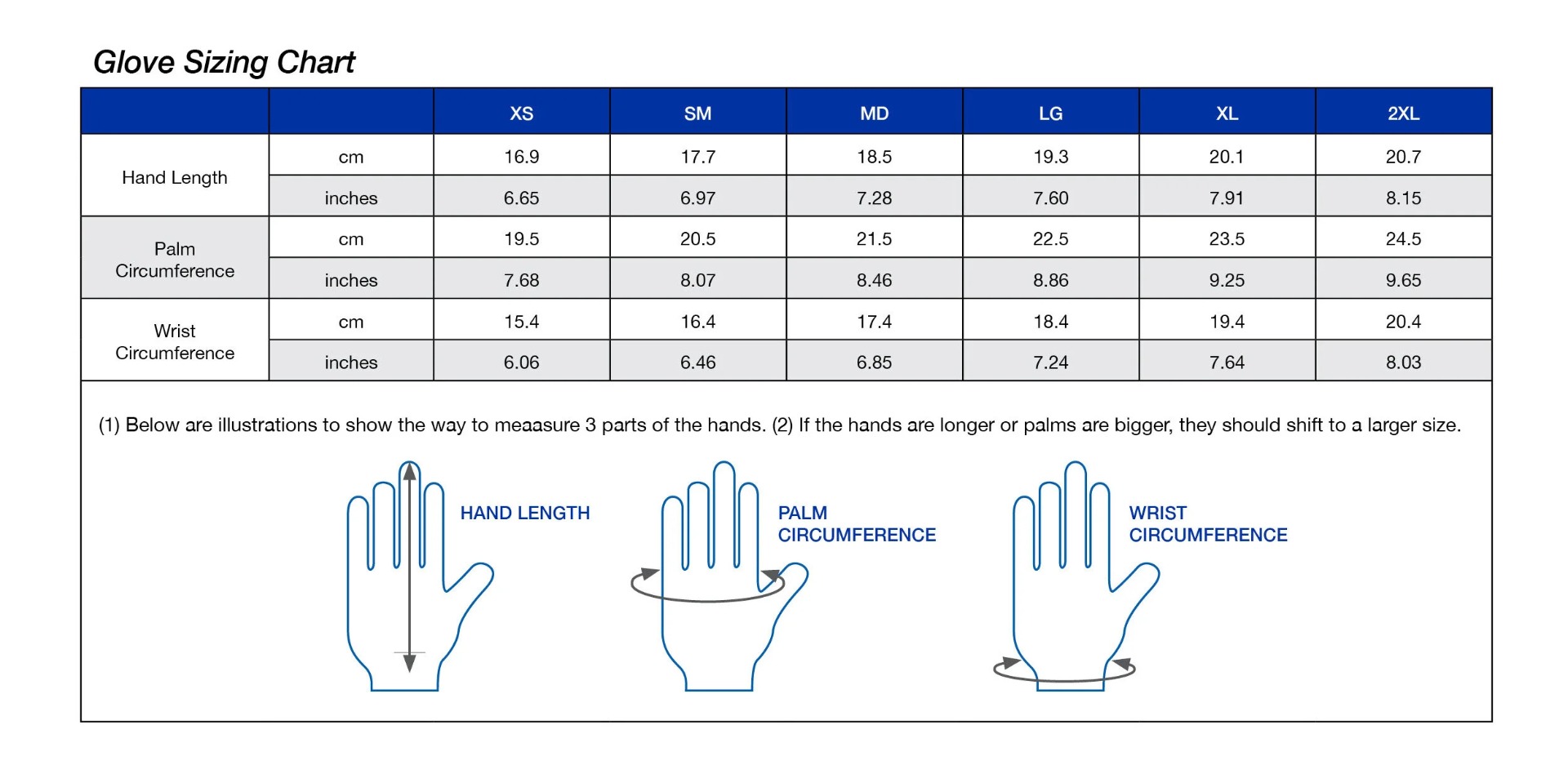 3mm Sonar Gloves Size Chart