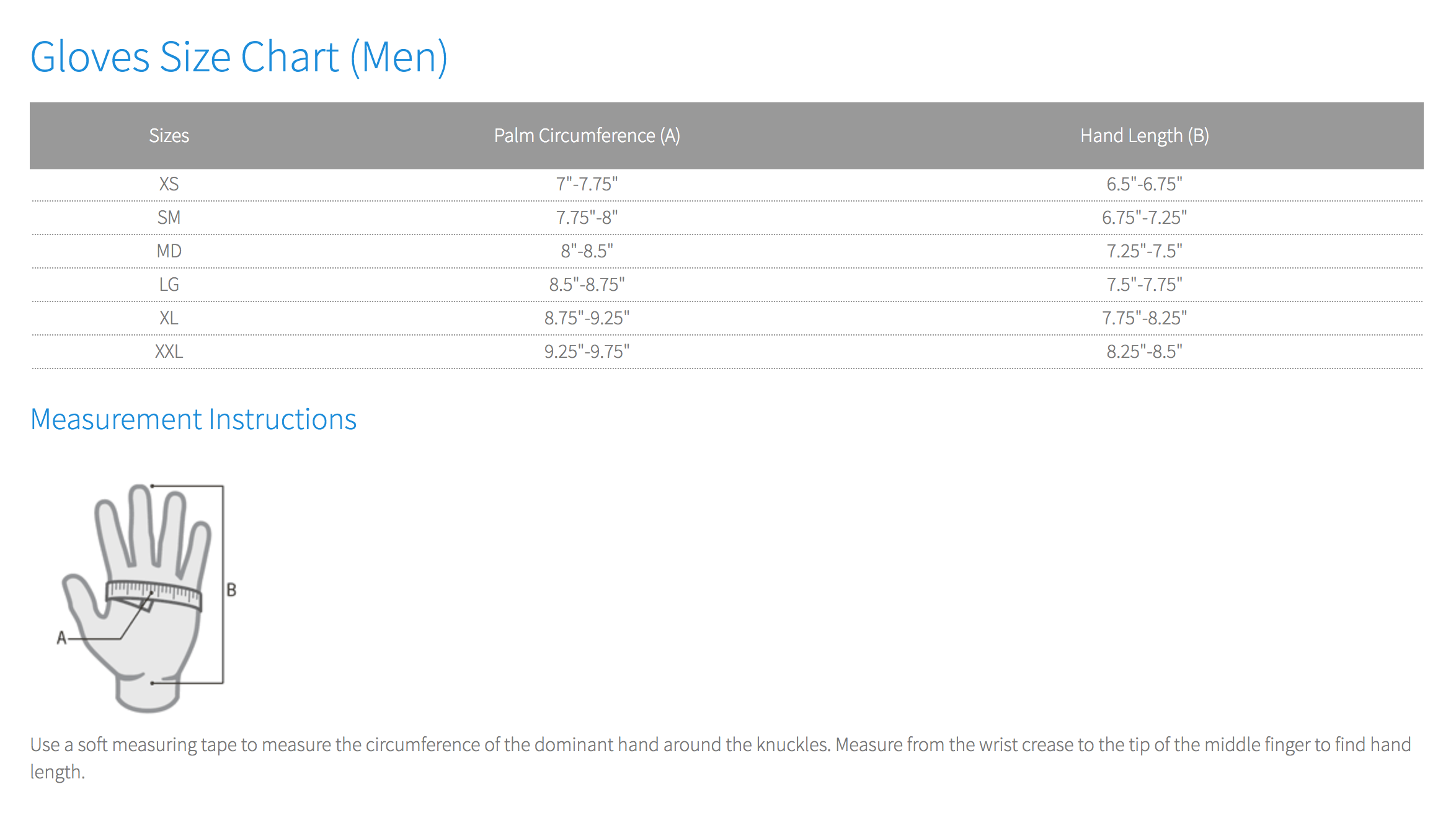5mm Heat Glove Size Chart