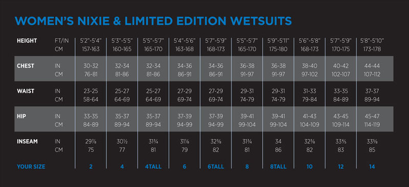Nixie Ultra 5mm Women's Wetsuit Female Size Chart