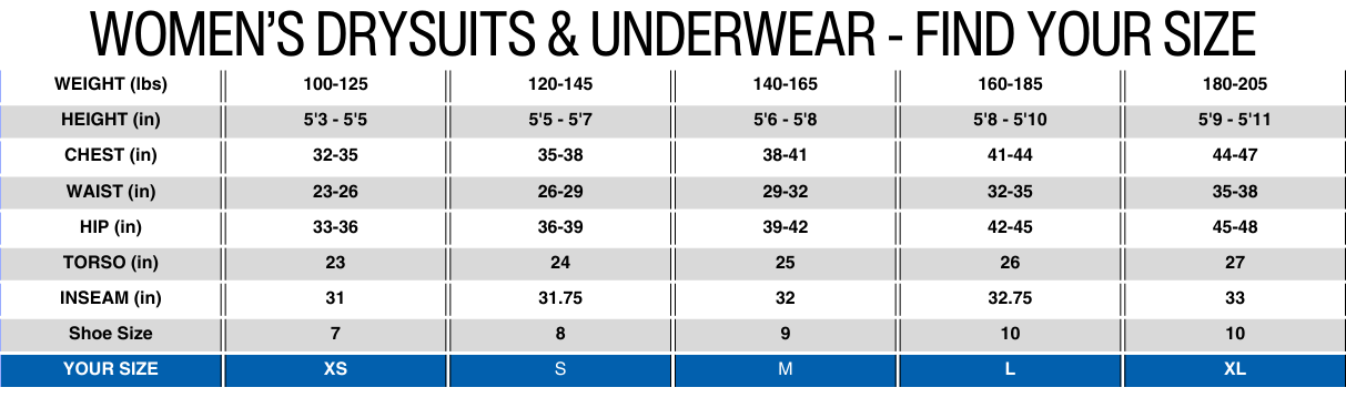 Aqua-Trek 1 Tech Dry Drysuit Female Size Chart