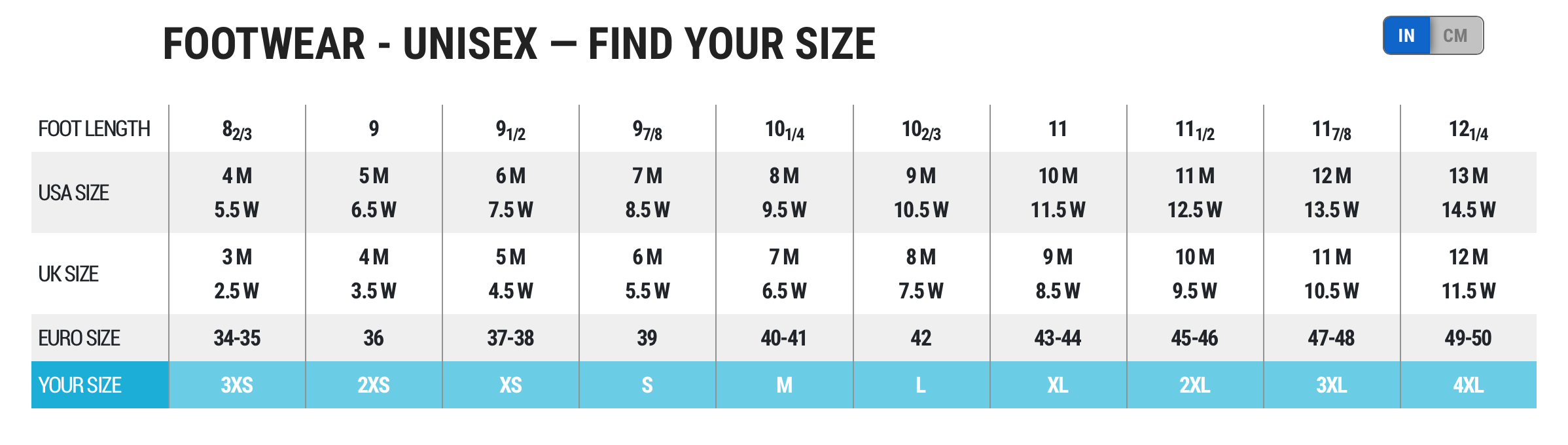 Soft Neoprene Replacement Socks Size Chart