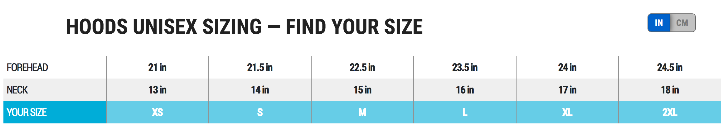 5mm Ultrawarmth Hood Size Chart