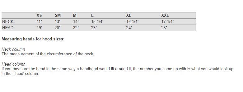 Aqualock 7/5mm Bibbed Hood (L, XL, 2XL, Closeout) Size Chart
