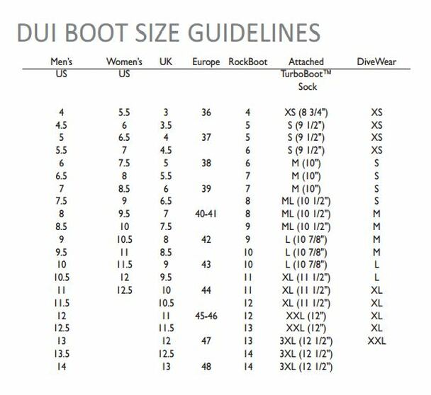 Crushed Neoprene Replacement Socks Size Chart