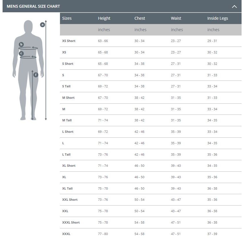 Halo AR Men's Undergarment Size Chart