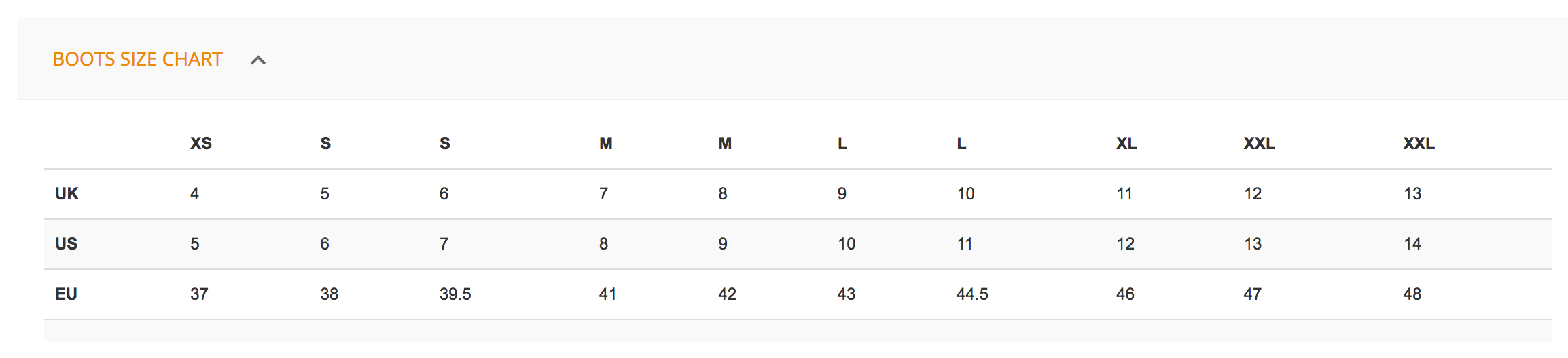 Rock Hopper Shoe Size Chart