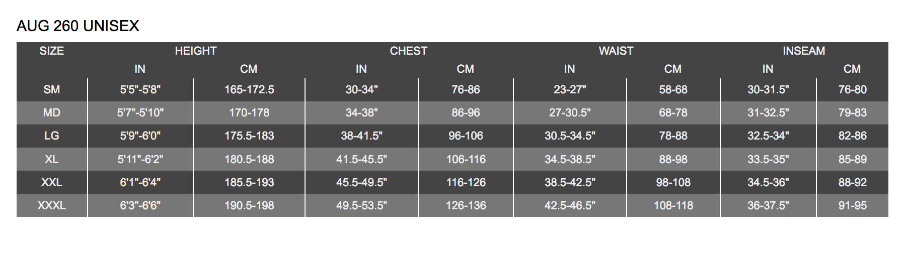 AUG 260 Unisex Bottoms (3XL, Closeout) Size Chart