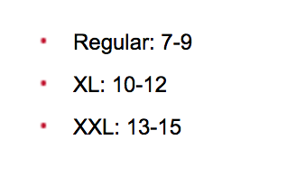 F1 LT Fins Size Chart