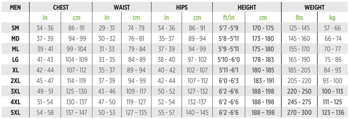 Unisex Skin Suit Size Chart