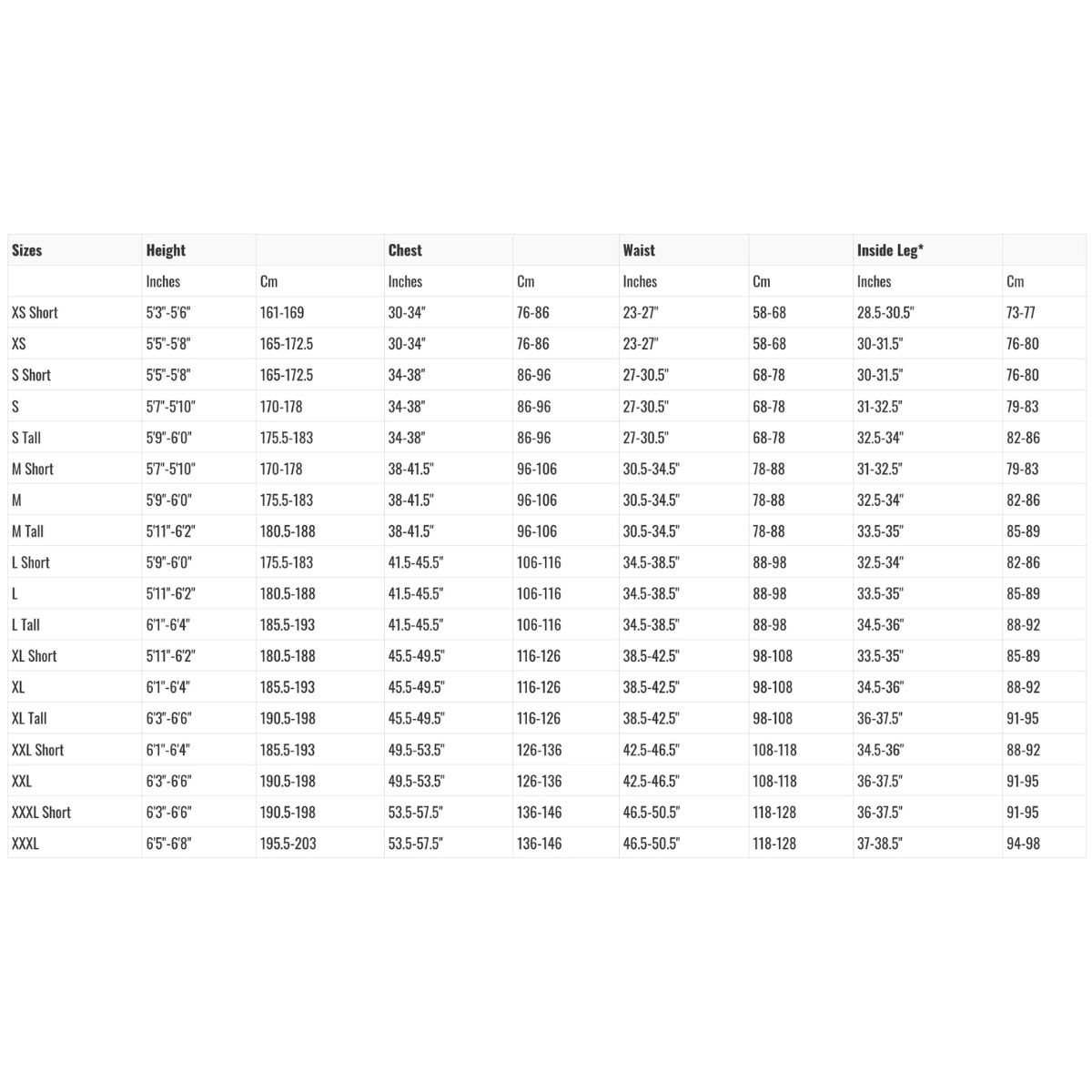 Men's Xenos ARC 7mm Wetsuit Size Chart
