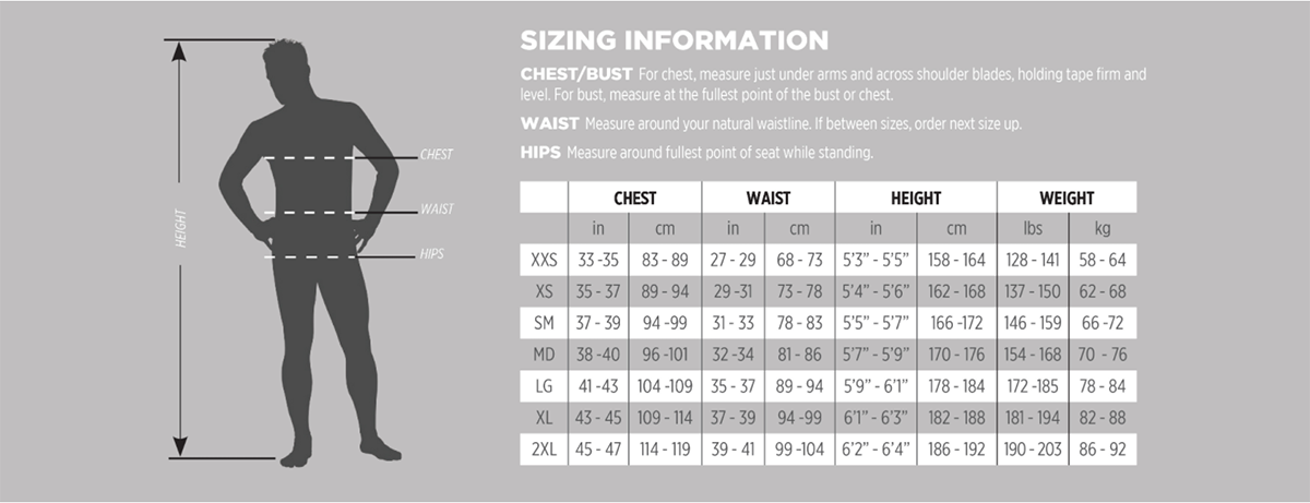 Men's Explore Line 3mm Front Zip Wetsuit Size Chart