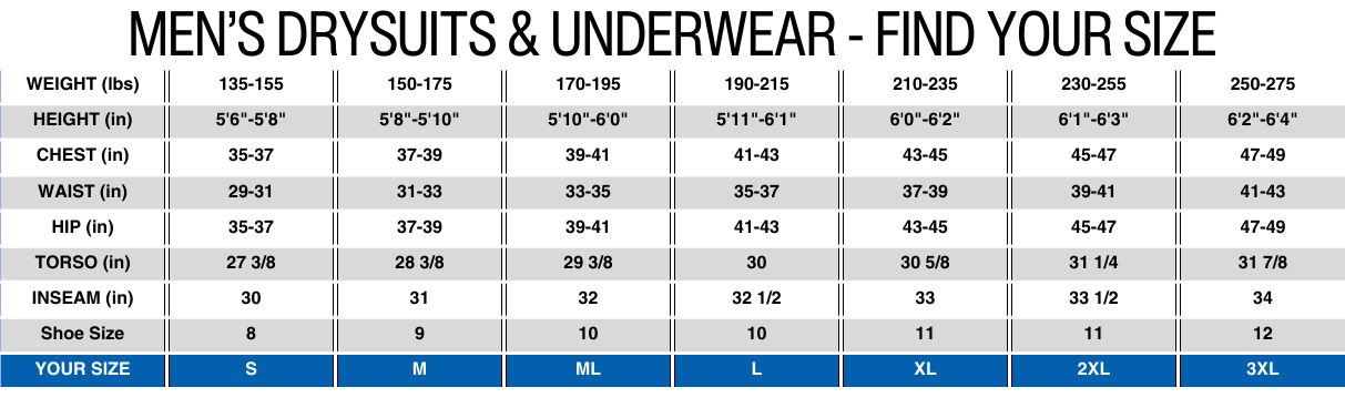 Aqua-Trek 1 Tech Dry Drysuit Size Chart