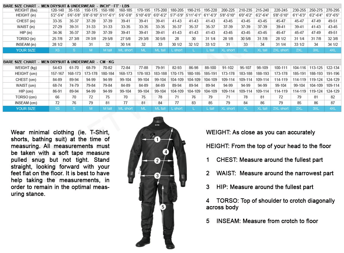 Sentry Tech Dry Drysuit  Size Chart