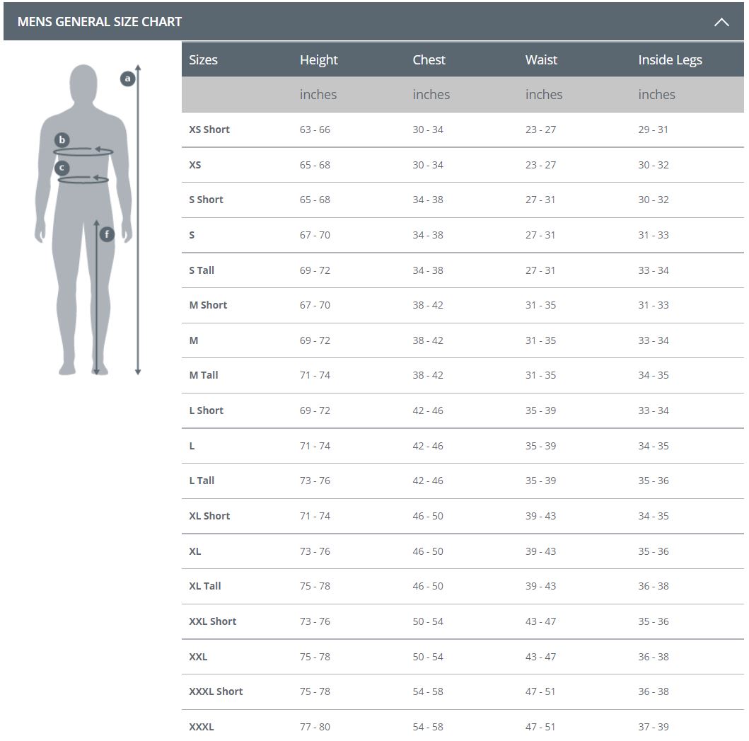 Xerotherm Hoodie - Discontinued.  Size Chart