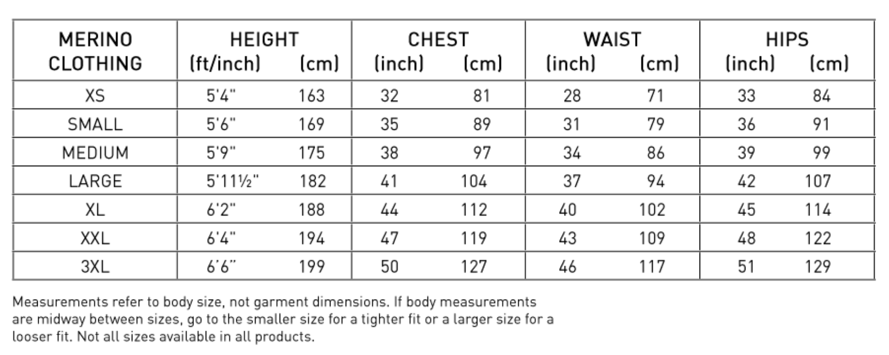 5mm Merino Hooded Vest (Closeout) Size Chart