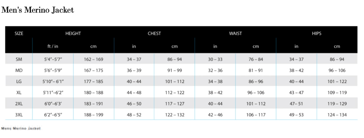 Merino Men's Full Zip Jacket (Small  Closeout) Size Chart