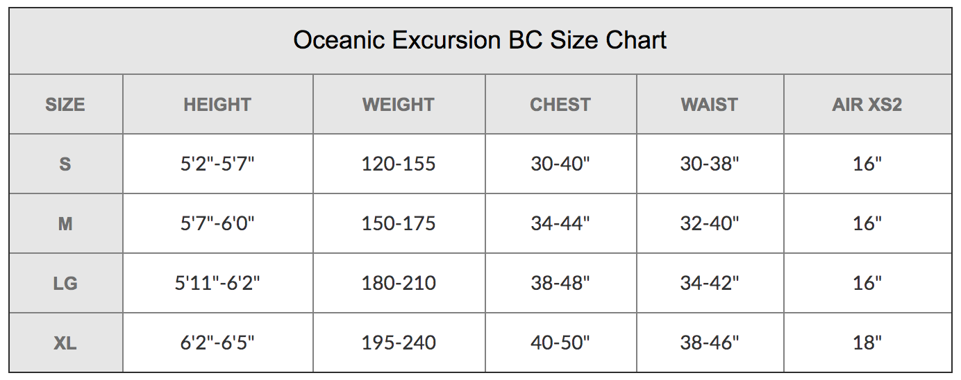 Excursion Dive Master Size Chart