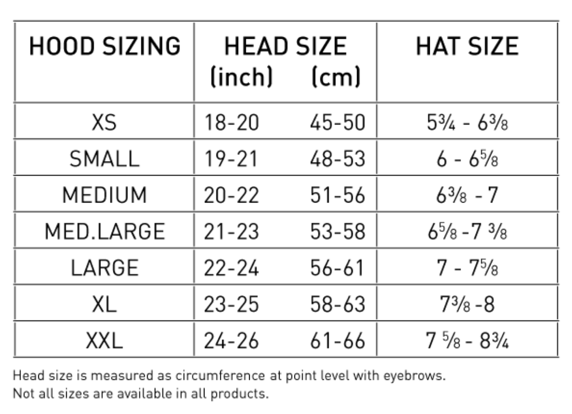 Merino 7mm Zippered Drysuit Hood Size Chart