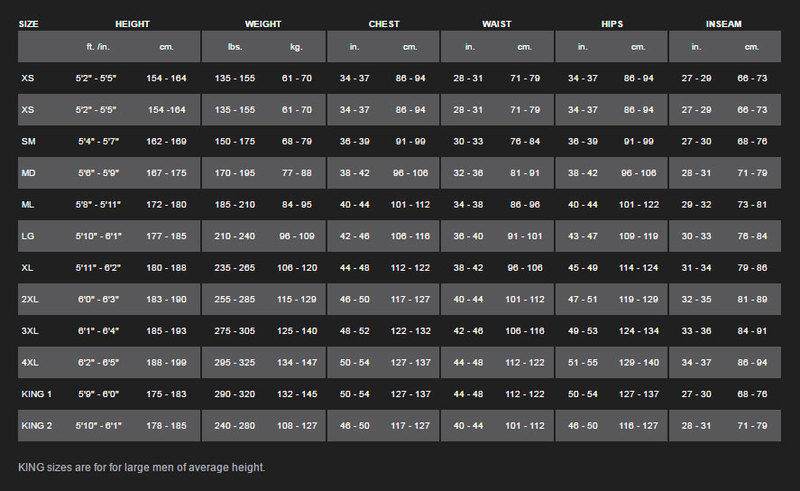 Men's Back Zip Full Suit Size Chart