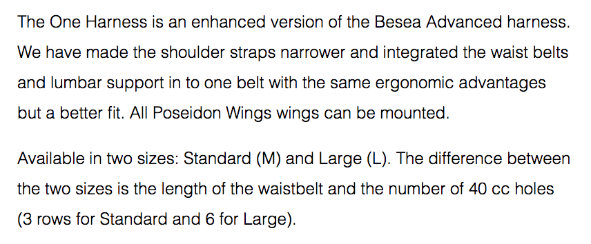 One Harness/Wing System Size Chart