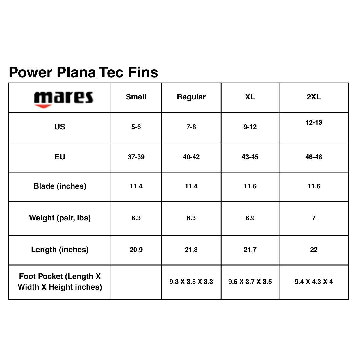 Power Plana Tec Fins Size Chart