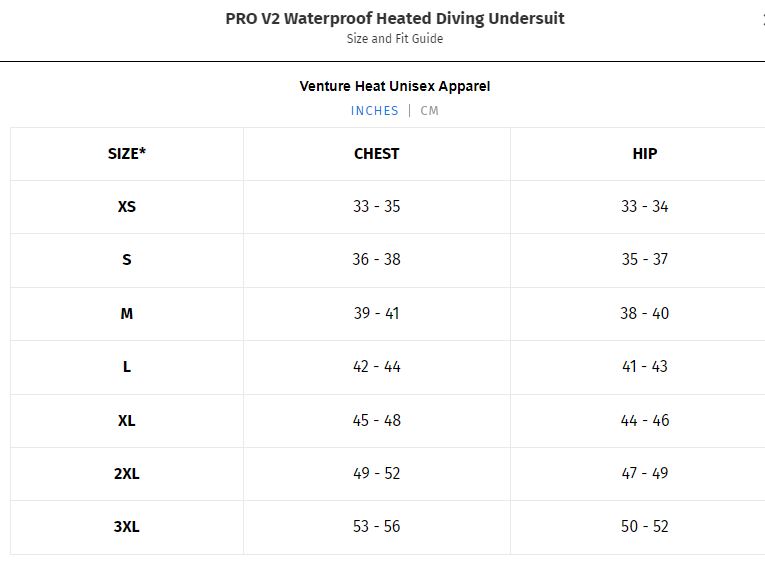 Pro V3 Heated Vest With Wireless Remote Size Chart