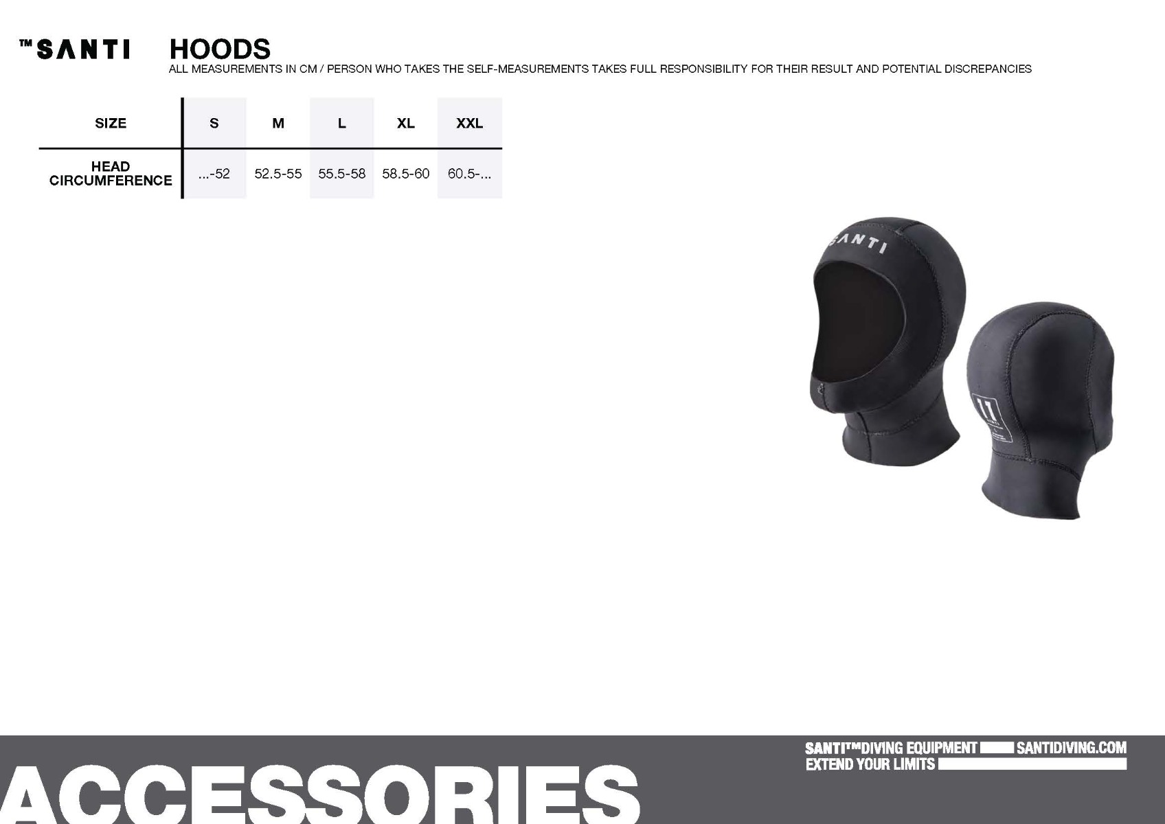 Neoprene Hood 6mm Standard  - discontinued Size Chart