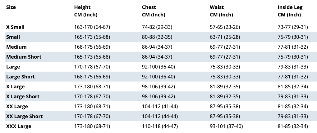 Women's Arctic Undergarment Package Female Size Chart