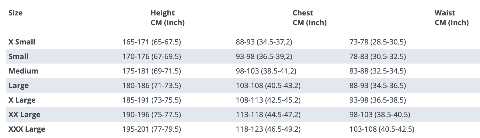 Xenos Men's 3mm Shortie Wetsuit Size Chart