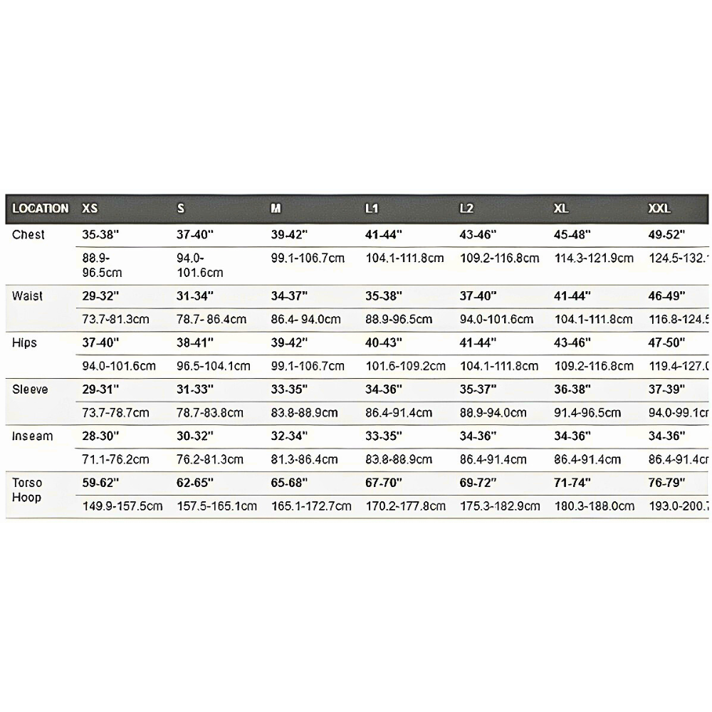 Sentinel Series Water Rescue Dry Suit Size Chart